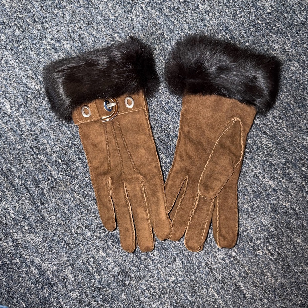 Coach Brown Suede Gloves with Black Faux Fur Cuff and Buckle